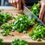 Foglie di rucola e basilico tritate in ciotola con farro.