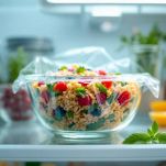 Insalata di farro con pomodori e formaggio servita in piatto.