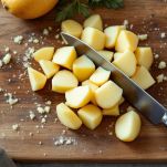 Patate lessate tagliate a pezzetti su piatto.