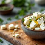 Cubetti di feta marinati in ciotola con olio e origano.
