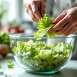 Lattuga fresca lavata e spezzettata su tagliere.