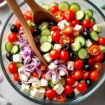 Ciotola con tutti gli ingredienti dell’insalata greca mescolati insieme.