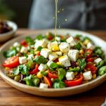 Insalata greca servita su piatto da portata con feta e olive.