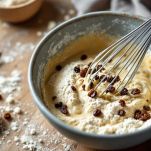 Ciotola con impasto liquido per Kaiserschmarren mescolato con frusta.