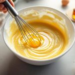 Uova e rum aggiunti a impasto dolce in ciotola.