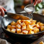 Kaiserschmarren servito su piatto con zucchero a velo e confettura di mirtilli.