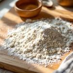 Farina disposta a fontana su spianatoia di legno.