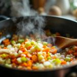 Soffritto di cipolla, carota e sedano in padella con olio d’oliva.
