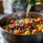 Carne macinata in cottura con soffritto e vino bianco in padella.