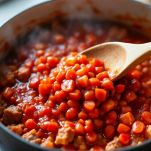 Ragù alla bolognese in lenta cottura in pentola.