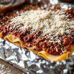 Pirofila con lasagne pronte per il forno, completate con ragù e besciamella.