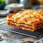 Porzione di lasagne alla bolognese servita su piatto.