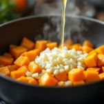 Zucca in cottura in casseruola con brodo vegetale.