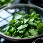 Spinaci appena lessati e strizzati su tagliere.