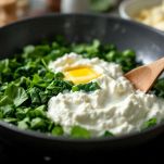 Ciotola con spinaci e ricotta mescolati insieme.