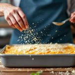 Lasagne di zucca e spinaci in forno con superficie dorata.