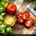 Lattuga, pomodoro e olive nere pronte su tagliere.