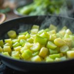 Sedano in agrodolce che cuoce in padella con aceto e zucchero.