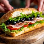 Panino integrale con prosciutto, lattuga e verdure servito su piatto.