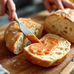 Panino tagliato a metà con salsa rosa spalmata sulle superfici interne.