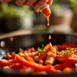 Salsa tabasco versata sopra peperoni e speck nel panino.