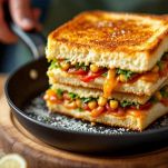 Panino piccante con speck e peperoni servito su piatto.