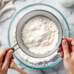 Ciotola con farina di mandorle e zucchero a velo mescolati con albumi.