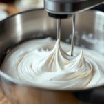 Albumi montati a neve in ciotola di vetro con frusta.