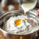 Pentolino con sciroppo di zucchero versato su albumi montati.