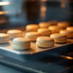 Teglia con macaron in cottura in forno.