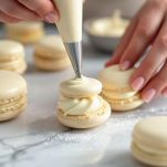 Macaron farciti con crema al cioccolato bianco serviti su piatto.