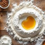 Fontana di farina con miele e liquore al centro.