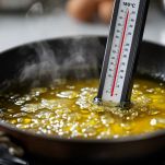 Termometro da cucina immerso in olio caldo in padella.