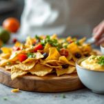 Nachos serviti con salsa guacamole e formaggio.