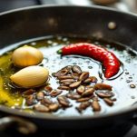 Soffritto con aglio, peperoncino e acciughe in padella.