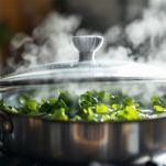 Cime di rapa in padella coperte da un coperchio.