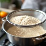 Farina di ceci setacciata in una pentola con acqua fredda.