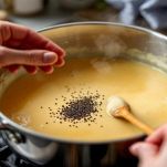 Composto di farina di ceci che cuoce mescolato con una frusta.