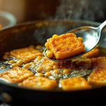 Panelle che friggono in padella con olio d’oliva.