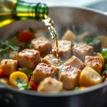 Carne di vitello che rosola in casseruola con verdure.