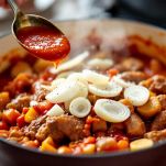 Cipolle e pomodoro concentrato aggiunti in casseruola.