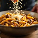 Pasta condita con sugo alla genovese e Parmigiano.