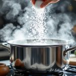 Spaghetti che cuociono in pentola con acqua bollente.