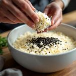 Pecorino grattugiato e pepe nero in ciotola.