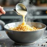 Spaghetti mescolati con acqua di cottura e pecorino per creare la crema.