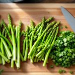 Asparagi tagliati con punte e gambi separati.