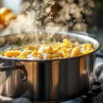 Pasta che cuoce in pentola con acqua salata bollente.