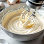 Albumi versati in ciotola con impasto di mandorle.