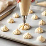 Dolcetti di mandorle formati con sac à poche su teglia.