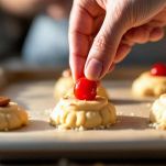 Dolcetti decorati con ciliegie candite e mandorle intere.